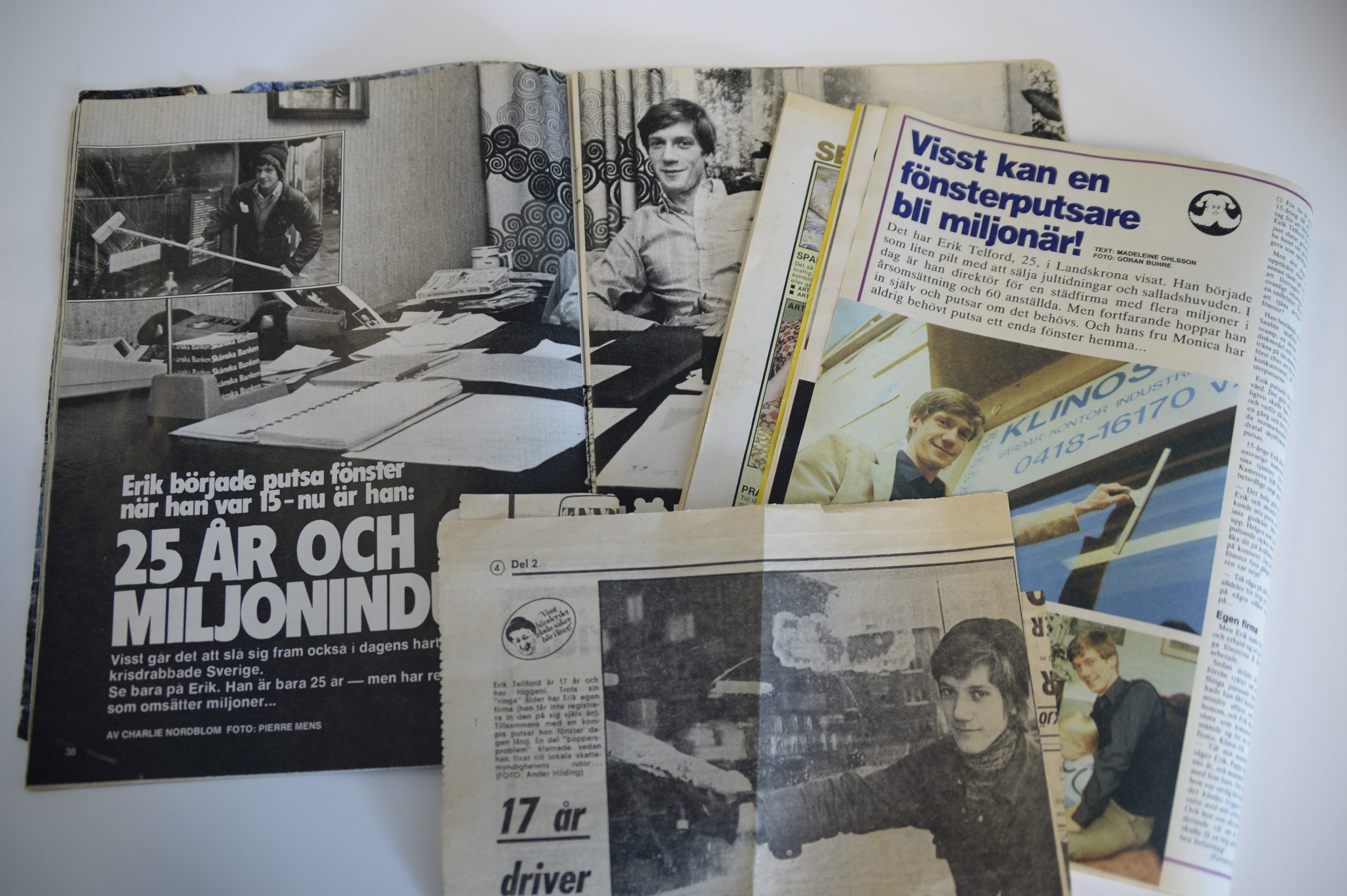 Tidningsarkiv av artikel om Erik Telford som från början startade Eriks fönsterputs. 